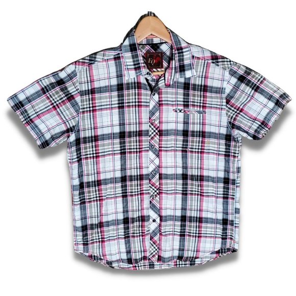 EQ Rooster by Equilibrio Men's Md/Lg Grey and Red Check Short Sleeve Button-down - Picture 1 of 11